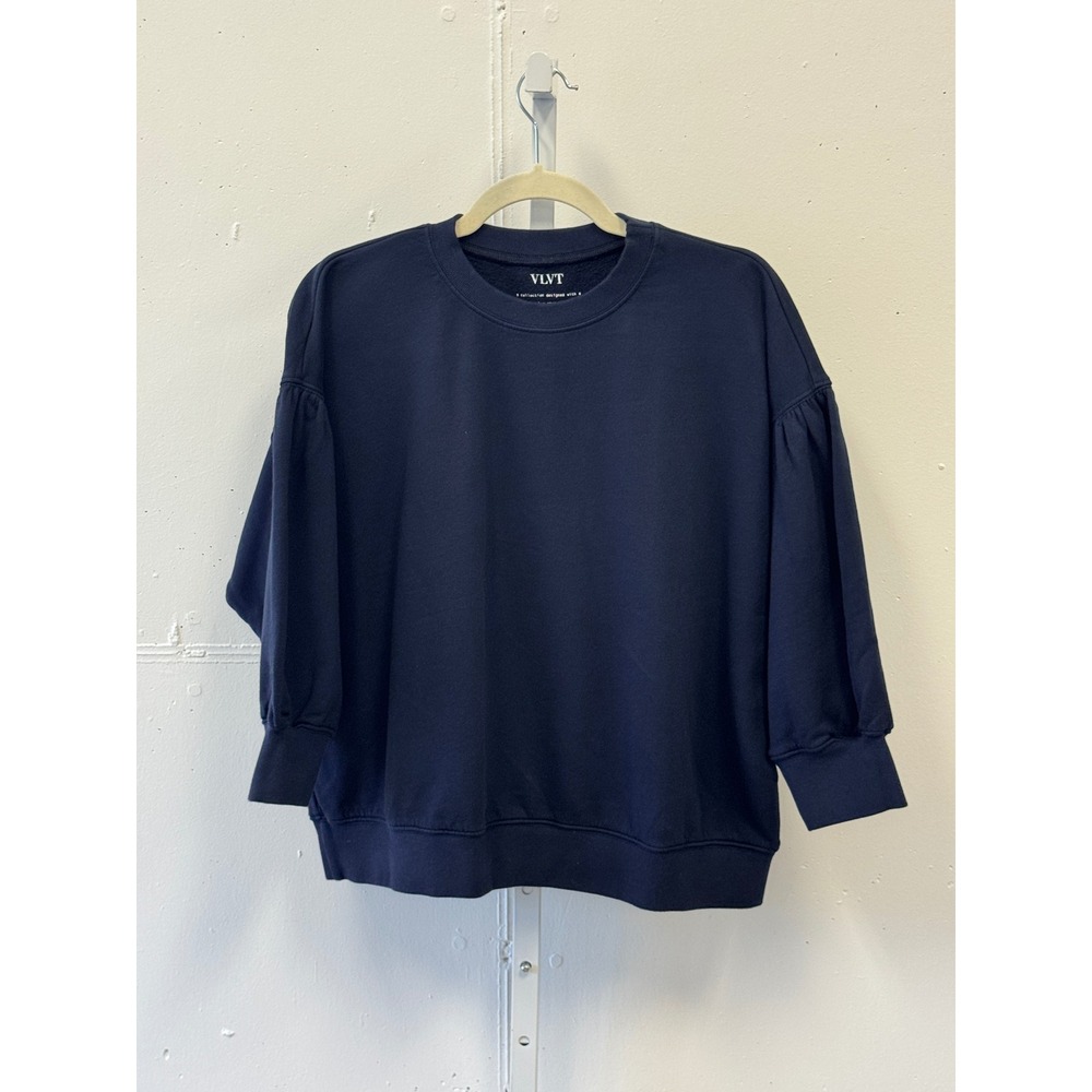 Velvet by Graham & Spencer VLVT Navy Blue Puff Sleeve Cotton Sweatshirt Small